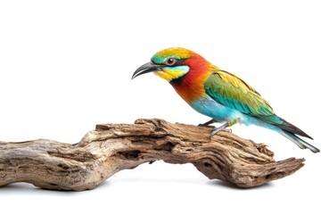 Fototapeta premium exotic bird with vivid colors on rough driftwood isolate on white background