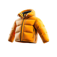 Bright yellow hooded puffer jacket, floating isolated on transparent background