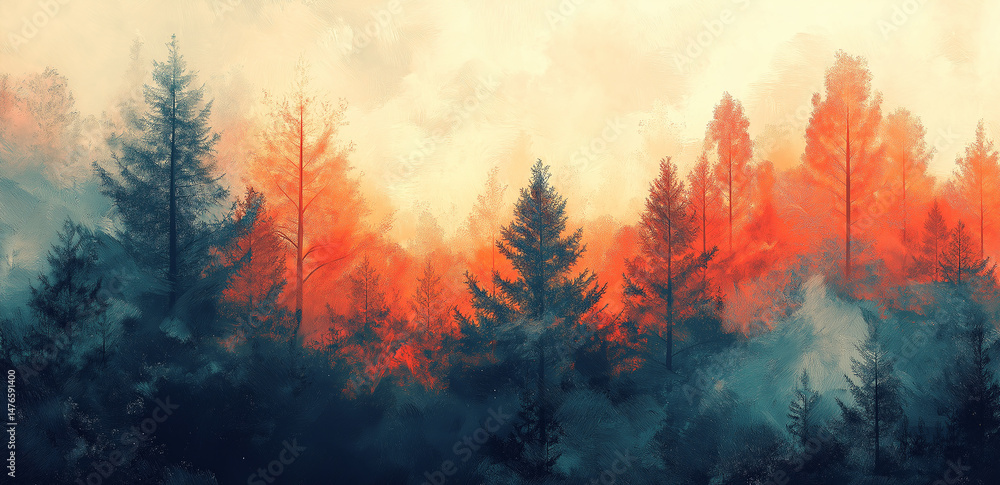 Poster a forest scene in red tones, with trees faintly visible in the misty haze, creating a mysterious and