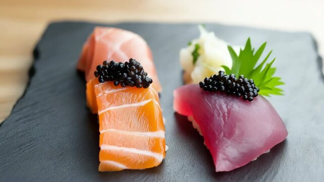 Three sushi rolls with black sesame seeds on top. The sushi rolls are pink, red, and white