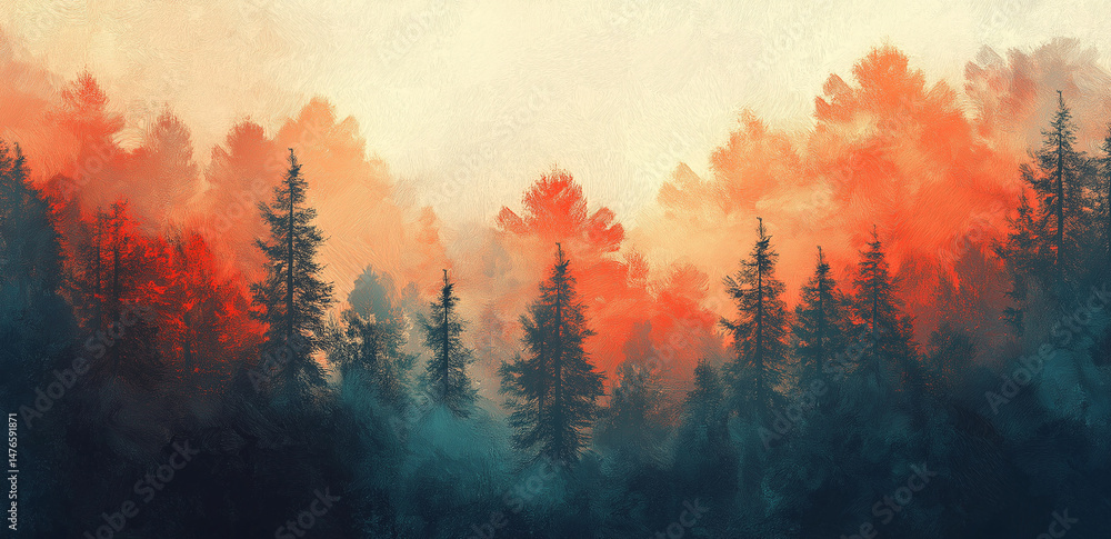 Poster a forest scene in red tones, with trees faintly visible in the misty haze, creating a mysterious and