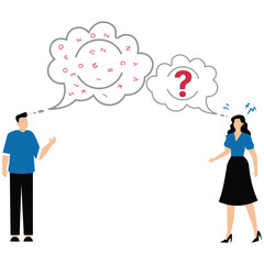 Businessman speak with jumbled letter in speech bubble symbolizing unclear message or confusion communication