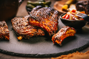 Barbecue pork spare ribs from airfryier with fermented vegetables