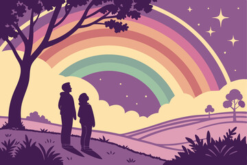 Naklejka premium 105 cinematic, colorful, surreal landscape, silhouettes of people watching night sky, vibrant rainbow, stars, digital art