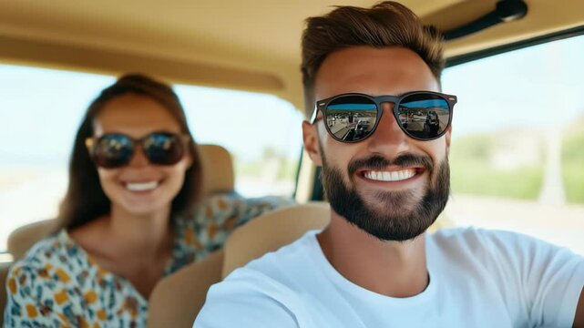 A man and a woman are smiling and wearing sunglasses while driving in a car. Scene is happy and carefree