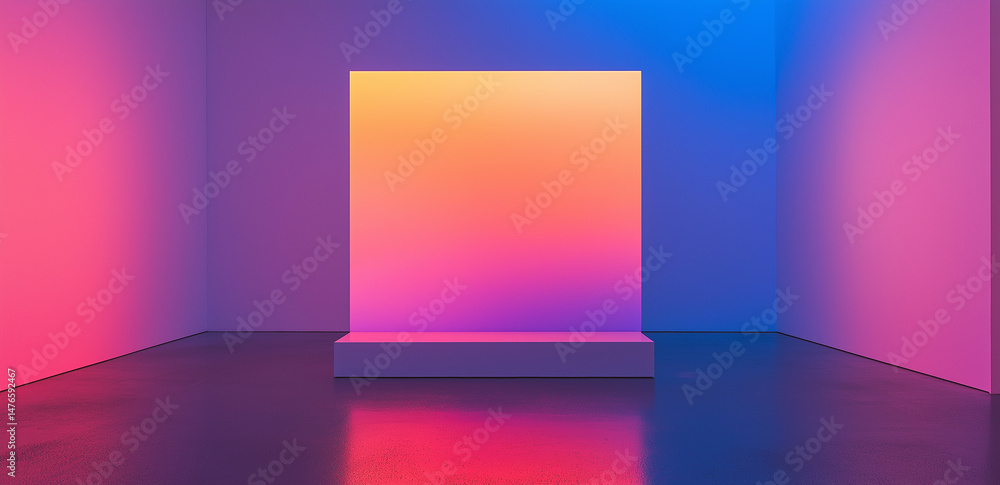 Poster a minimalist indoor space with a central square installation featuring a gradient from orange to blu