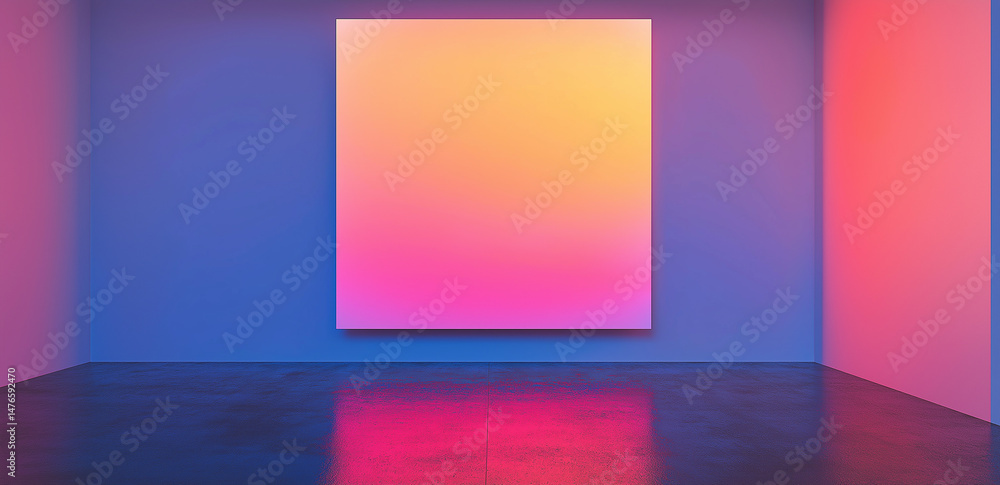 Aufkleber a minimalist indoor space with a central square installation featuring a gradient from orange to blu