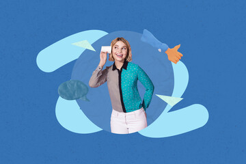 Art poster collage of person hear news on blue background with thumb-up icon mind cloud