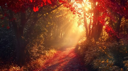 Fototapeta premium Enchanted Autumn Pathway with Sunbeams Through the Canopy of Red Leaves