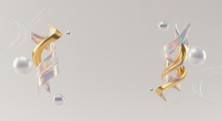 Elegant white abstract with iridescent ribbons, gold accents, and pearl spheres on a soft gray background. Modern, luxurious, and artistic design.