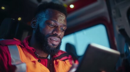 Black paramedic wearing orange uniform is using digital tablet while sitting inside ambulance during night shift, blue light reflecting on his face