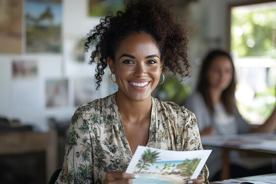 Travel agent holding vacation brochure in office setting Generative AI