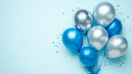 Blue and silver party balloons with glitter and confetti on light background