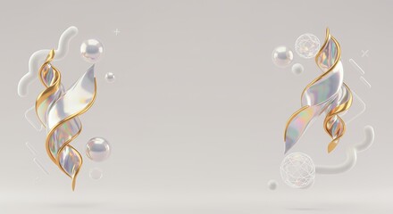 Elegant white abstract with iridescent ribbons, gold accents, and pearl spheres on a soft gray background. Modern, luxurious, and artistic design.