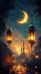 Fototapeta premium Mystical night scene with lanterns and mosque