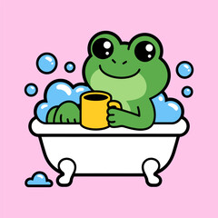Cute Frog Relaxing in Bathtub with Mug