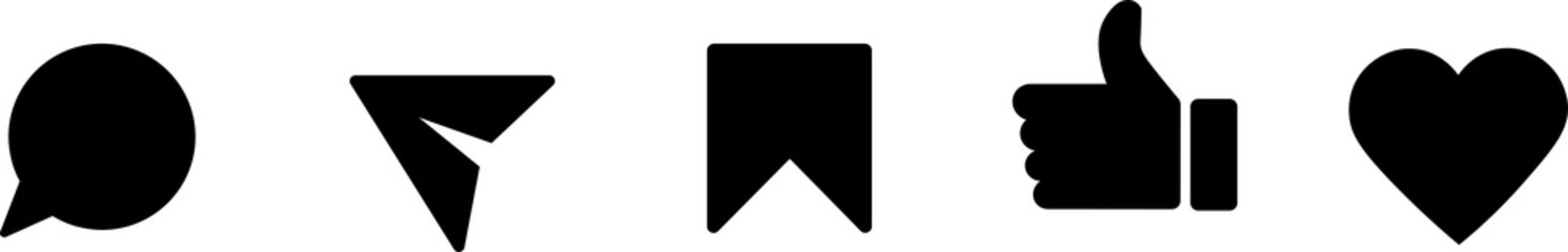 Set of generic social media user interface icons. Like, comment, share and save icons. Social media flat icons