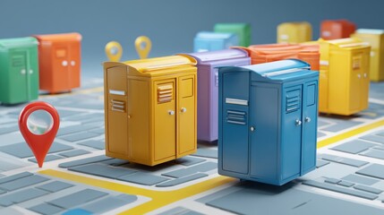 Colorful storage units on a city map with location markers