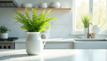 Fototapeta premium Fern Plant on Marble Counter