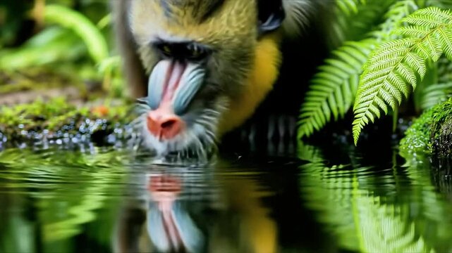 A mandrill monkey drinking water out of a pond in a tropical jungle