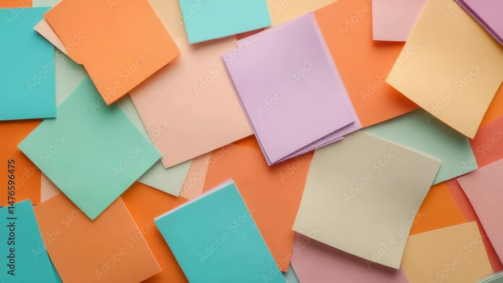 Poster pastel colored sticky notes forming dynamic, textured composition, representing brainstorming, creat