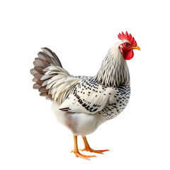 Fototapeta premium Elegant Hen Posing: A single, well-groomed hen showcases her pristine plumage and vivid comb, a charming portrayal of rural elegance and agricultural beauty.