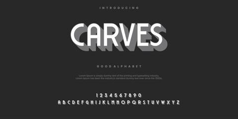 Carves Vector advertising banner Classic Cuisine. Modern 3D Font. Bright Alphabet Letters and Numbers set.