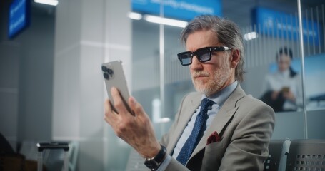 Airport Terminal: Successful Businessman Talking to Business Partner on Smartphone by Video Call,...