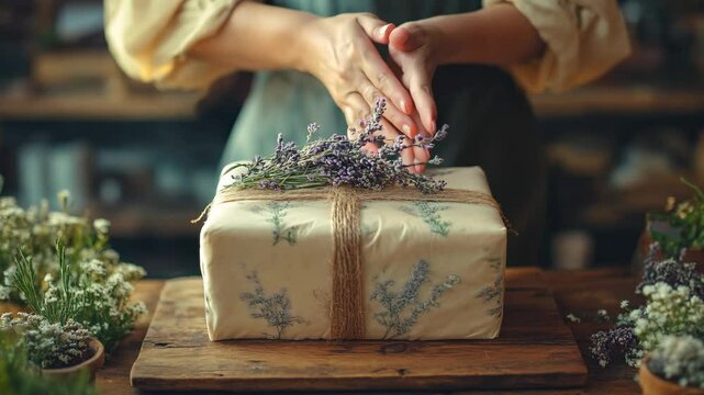 Hands Holding Beautifully Wrapped Gift with Lavender Flowers Perfect for Presents Birthdays Holidays and Special Occasions