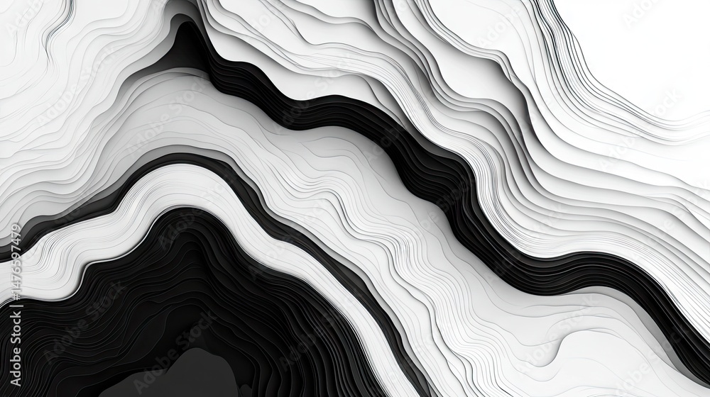 Poster abstract layered design with wavy, black and white forms.
