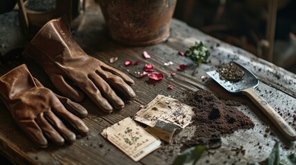 Cozy gardening essentials close-up: tools, gloves, seeds, and soil for outdoor planting inspiration