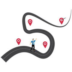 Roadmap journey step planning ,businessman running on milestone location pin on business roadmap.project milestone or business journey achievement, workflow or process timeline to success