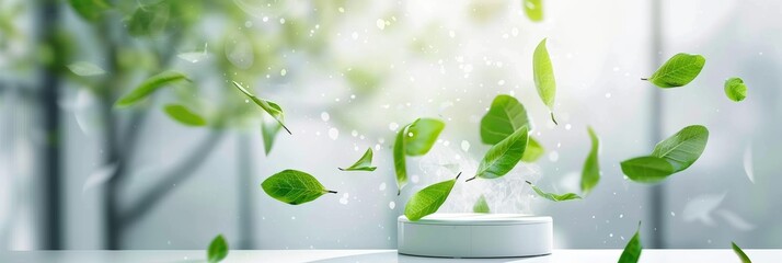 Floating Green Leaves and Podium in Natural Light Environment