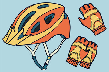 108 orange and yellow bicycle helmet, bicycle gloves, cycling kneepad, blue background