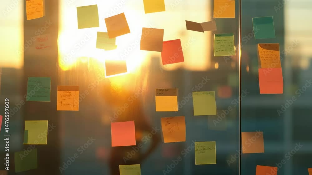 Poster colorful sticky notes with handwritten text cover a glass wall in an office during a sunset brainsto
