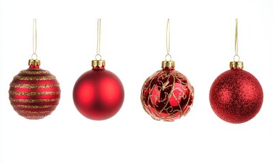 Four Red Christmas Ornaments Hanging on White Background
