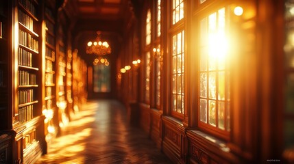 Fototapeta premium Sunlit library, books and wooden panels on walls