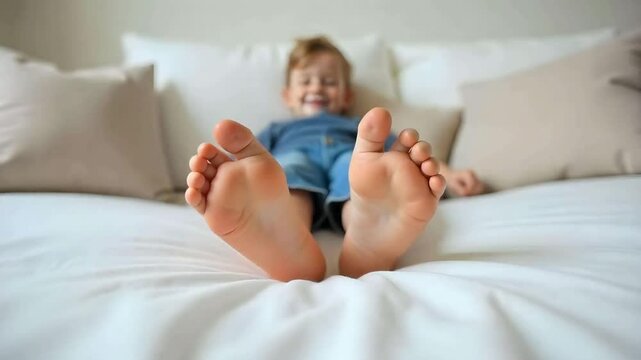 A pair of feet of a 7 year old kid over a white couch with pillows in a living room
