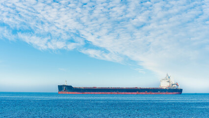 oil tanker of russia shadow fleet used for transportation oil in blue sea. Transport for petroleum...