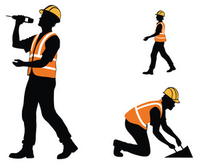 Obraz premium Vector illustration of workers, Set of silhouettes of workers wearing helmets