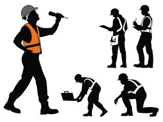 Construction Worker Silhouettes, Safety Vest and Helmet Icons Set