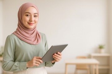 Smiling Malay Muslim woman in hijab using tablet for online education ads