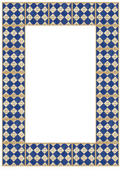Obraz premium Azulejo portuguese tile rectangular isolated frame. Cultural traditional blue checkered pattern, rhombus folk ornament.