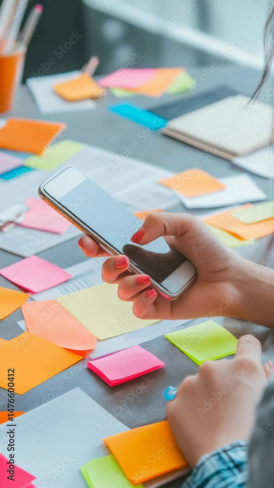 Aufkleber Creative designer is using a smartphone and colorful sticky notes while working on a project plan in a bright office environment, showcasing a modern approach to brainstorming and task management