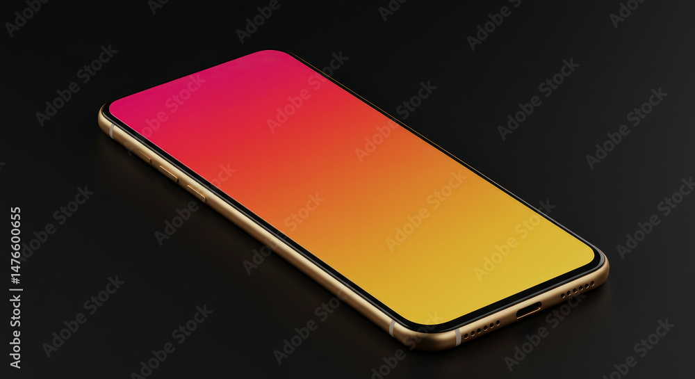 Poster isometric view of a golden smartphone with gradient colored screen on dark background