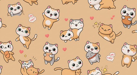 Cute Cartoon Cat Seamless Pattern Background