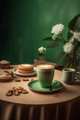 A cup of coffee with latte art on the table, green ceramic cups and saucers, a simple design style