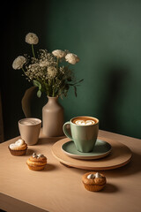 A cup of coffee with latte art on the table, green ceramic cups and saucers, a simple design style