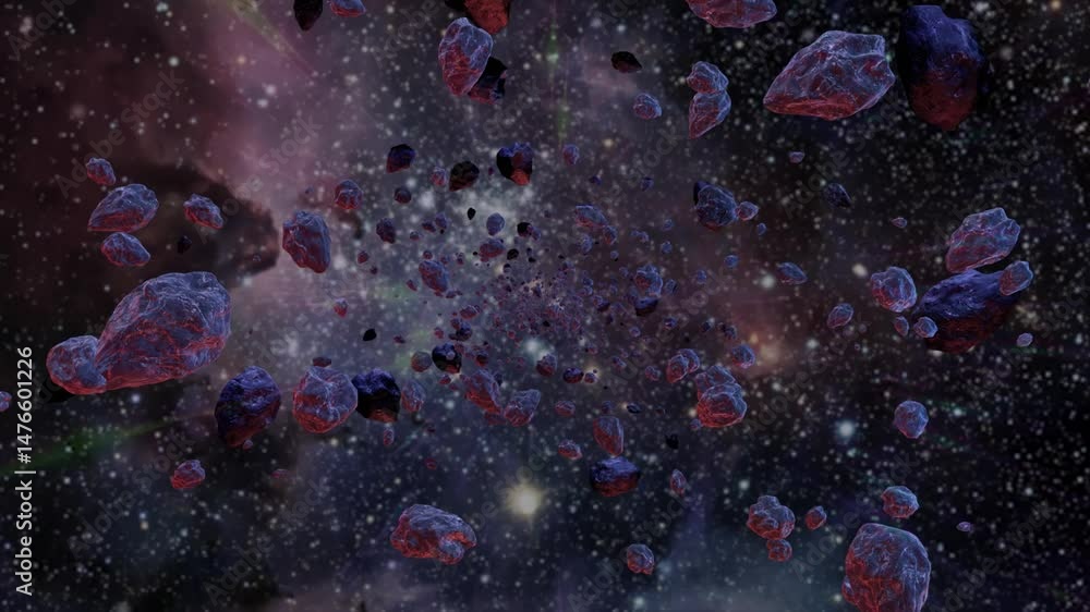 Wall mural looping deep space nebula filled with drifting asteroids, revealing mysterious cosmic landscape glow
