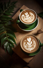 Two cups of cappuccino with latte art in the shape of leaves on green mugs